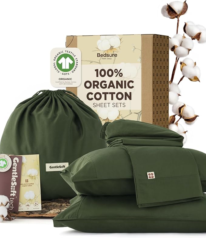 Bedsure 100% GOTS Certified Organic Cotton Sheets, Full Size Sheets, 16" Deep Pocket Bedsheets with Corner Straps, Eco-Friendly, Soft, Breathable & Luxury PureWoven Cotton Hotel Bedding, Olive Green