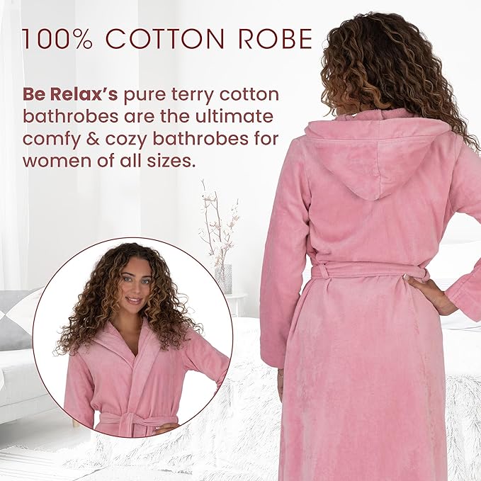 Be Relax Bathrobe for Women - Full Length Terry Cotton Robe with Shawl Collar and Hood, Warm and Cozy Robe with Belt & Pocket