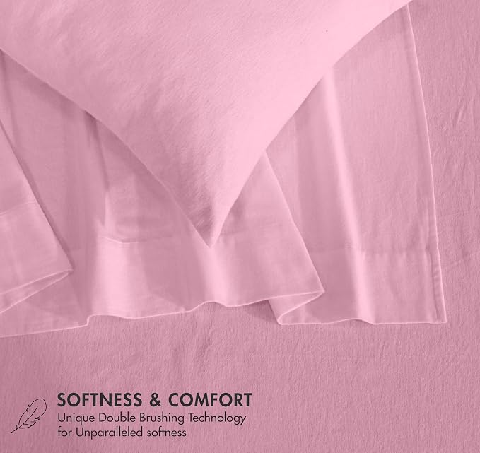 RUVANTI Flannel Sheets Queen Size - GOTS Certified 100% Organic Cotton, 4 Piece Warm, Soft & Breathable Set, Deep Pocket Snug Fit, Double Brushed Cozy All Season Bedding, Soft Pink