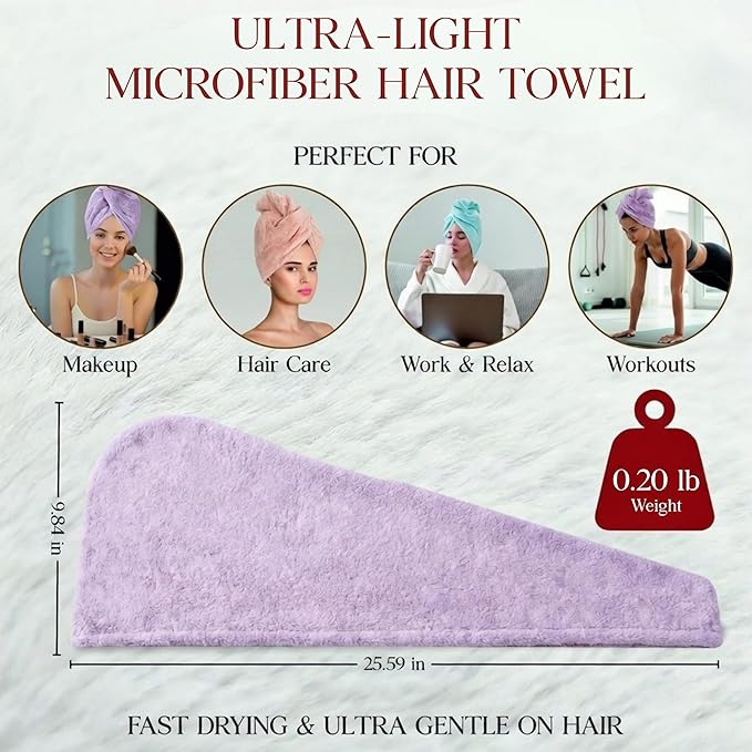 3 Pack Microfiber Hair Towel Wrap for Women 26 x 10 in | Hair Drying Towel with Button |Hair Turban Towel Quick Dry Coral Fleece Head Towels (Pink + Purple + Green)
