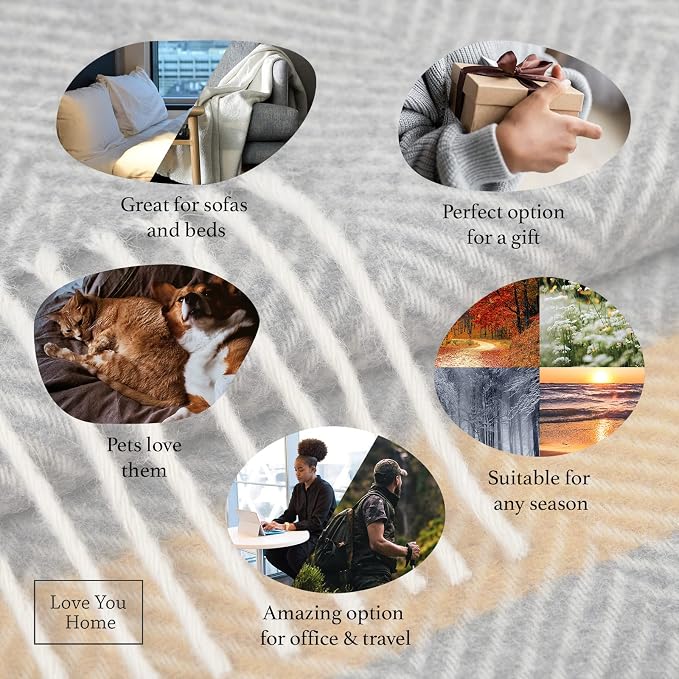 LYHome Merino Wool Blanket - Warm Throw for Cold Weather, Warmest Travel Outdoor Camping Blankets, Picnic Army and Military Throws, Comforter Soft & Cozy (55 x 79 Grey with Mustard and White Stripes)