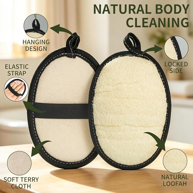 SAMEBUTECO Loofah Shower Scrubber Pads with Terry Cloth Backing, 4 Pack Black White