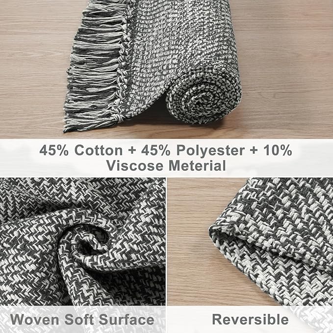 Collive Comfy Area Rug 4' x 6', Grey/Cream Woven Cotton Bedroom Rugs, Modern Indoor Accent Rug Floor Carpet with Tassel for Living Room, Nursery Room, Dining Room, Bedside, Office, Patio Decor