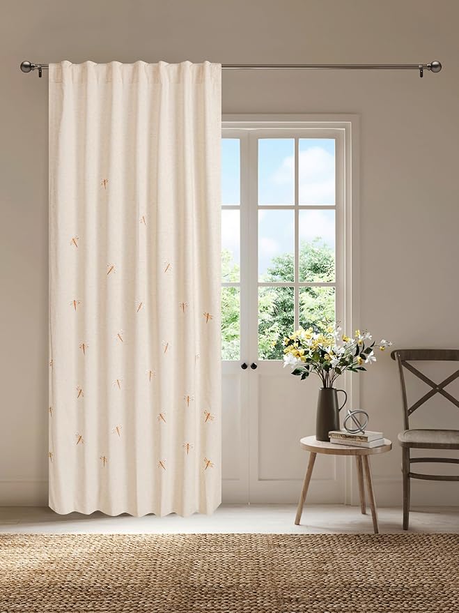 Bedding Craft Flax Linen Curtain Drape 50x108 Inch – Dragonfly Embroidery Drape, Natural Flax Room Darkening Panels, Taupe Curtains for Living Room, Bedroom, Modern Window Decor