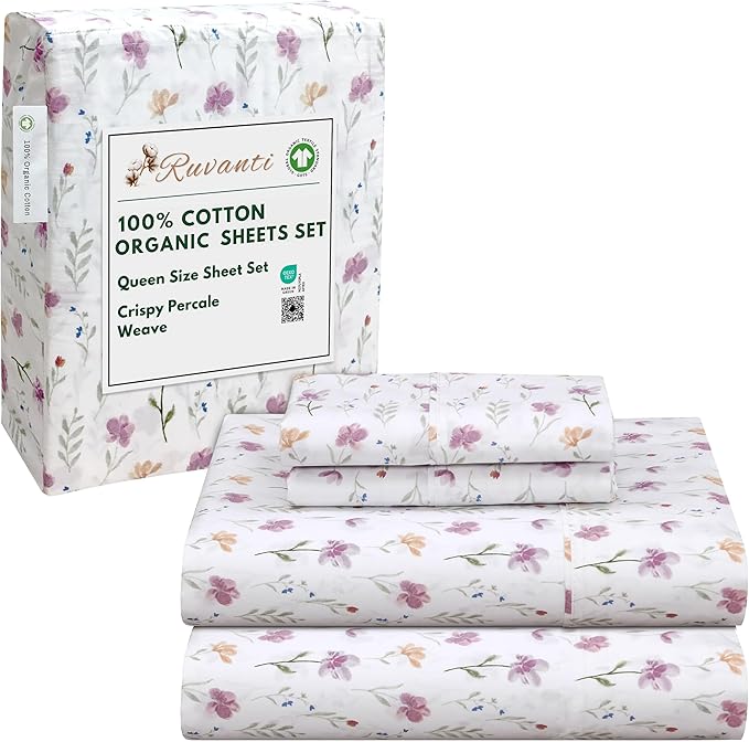 RUVANTI 100% Cotton Organic Percale Sheets Queen Size – Crisp Cooling Bed Sheets for Hot Sleepers, Deep Pocket 15”, Soft Peach Finish, Breathable & Durable Hotel-Style 4 Pcs, Obsessed Stems