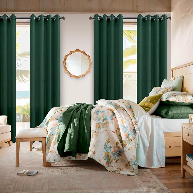 Pitalk Christmas Green Curtains 84 Inches Long for Living Room 2 Panels Set Grommet Semi Sheer Linen Light Filtering Moody Emerald Dark Green Boho Curtains Drapes for Bedroom Dining Room 52x84 Length