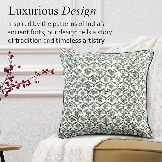 CPC Moss Green Block Print Throw Cushion Cover 18 x 18 Inch Set 2 - Decorative Boho Floral Pillow Case for Living Room, Bed, Sofa, Couch, Home Decor Cushion Cover Gift for Spring, Mother's Day