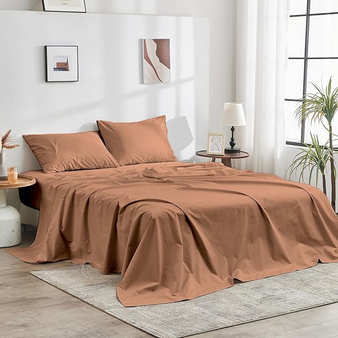DOZ 100% GOTS Certified Organic Cotton Sheet Set, Crisp Percale Weave, Long Staple, Breathable, Matte Finish, Hotel Style, Durable, 4pc – 2 Pillowcases 1 Fitted 1 Flat (Clay, Cal King)