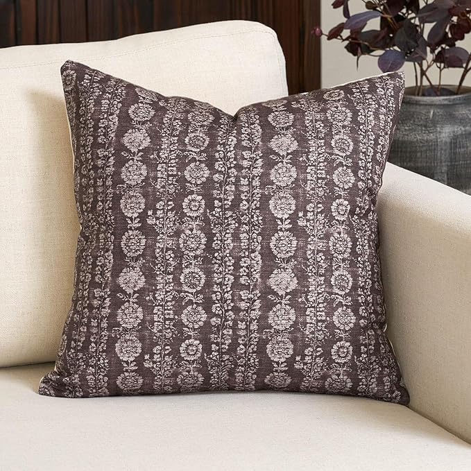 Amor Virisso Vintage Floral Throw Pillow Covers 18x18 Striped Farmhouse Block Print Pillow Cover Boho Neutral Decorative Pillows for Living Room Bed, Dark Brown