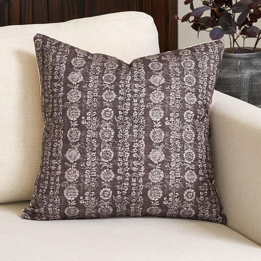 Amor Virisso Vintage Floral Throw Pillow Covers 18x18 Striped Farmhouse Block Print Pillow Cover Boho Neutral Decorative Pillows for Living Room Bed, Dark Brown