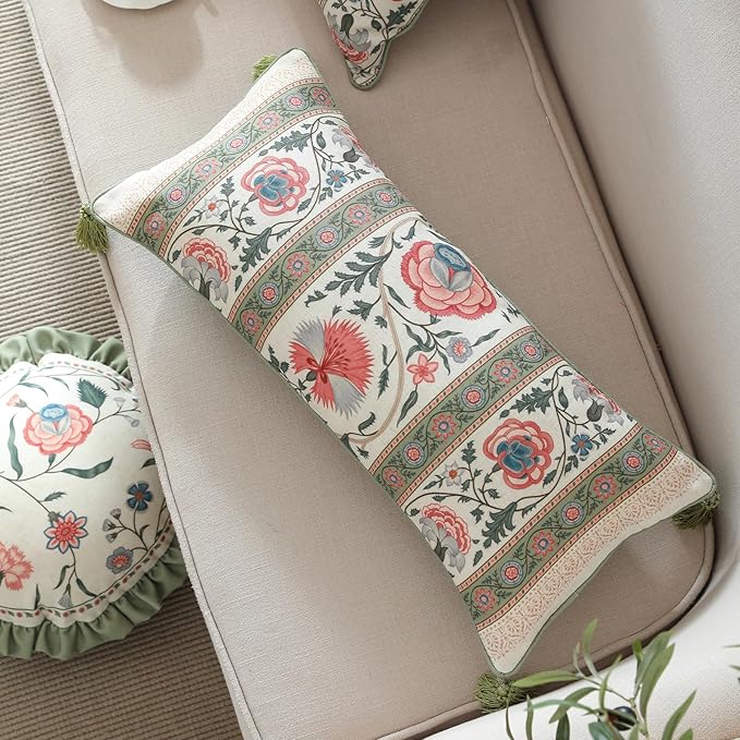 ISAENNE Design Lumbar Retro Elegance Linen Throw Pillow Covers 12"x28" Pack of 2, Green Pink Floral Pattern Cushion Covers Rectangle Decor Pillowcases for Bed,Living Room,Outdoor,Car