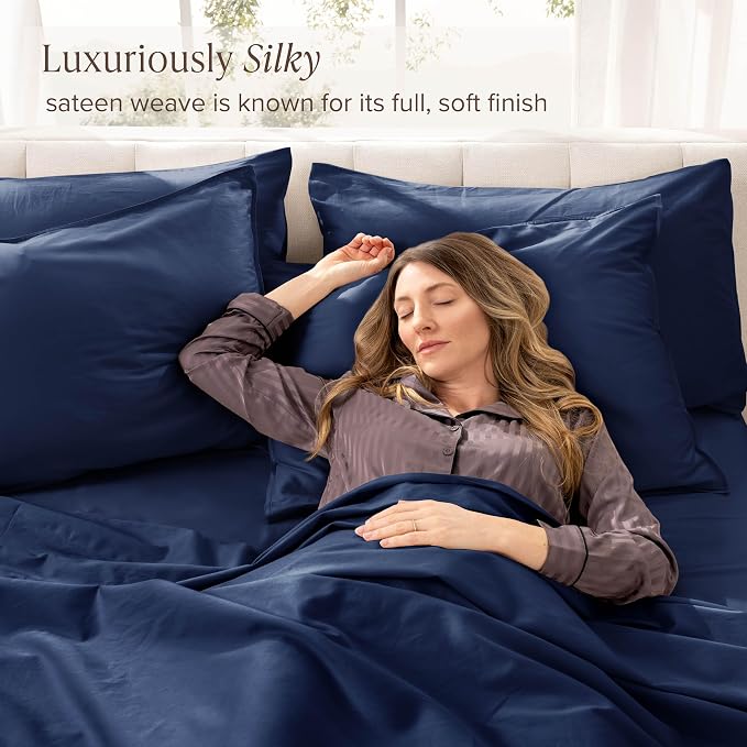 Bare Home 100% Organic Cotton Queen Sheet Set - 400 Thread Count - Smooth Sateen Weave - Breathable & Cooling - Hotel Luxury Set - Deep Pocket Bed Sheets (Queen, Dark Blue)