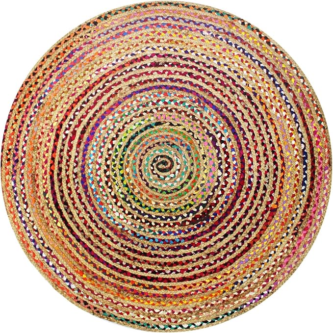 COTTON CRAFT Jute Cotton Chindi Braid Rag Rug - Boho Farmhouse Rustic - Handwoven Reversible Natural Jute and Recycled Cotton Throw Area Rug Carpet - Home Décor - 5 Feet Round - Multi Color