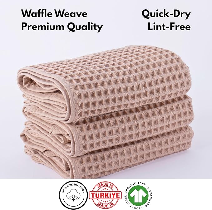 PÜSKÜL - Set of 3 Organic Waffle Hand Towel Beige - Premium Quality, 100% Turkish Cotton, Soft, Quick-Dry, Absorbent, Lint-Free Face Kitchen Hand Towels (Beige, Hand Towels - Pack of 3)