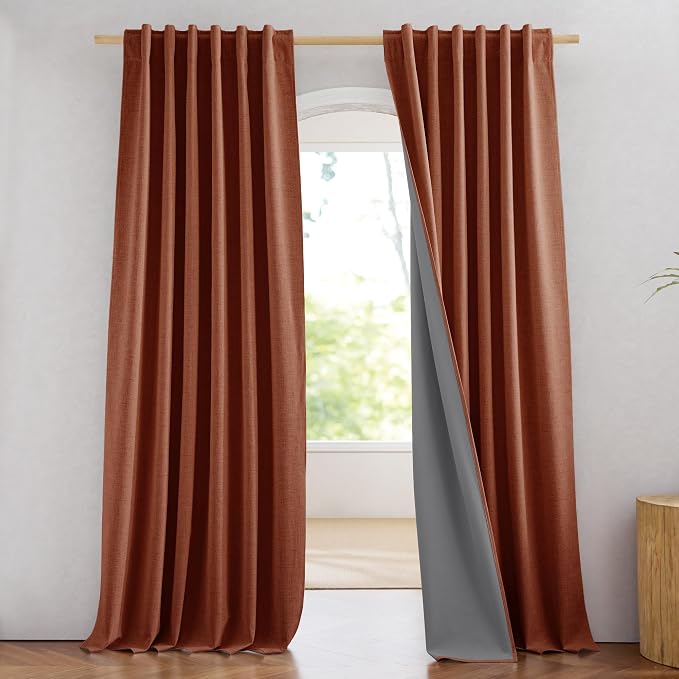 NICETOWN 100% Absolutely Blackout Linen Curtains with Thermal Insulated Grey Liner, 84 inches Long Drapes, 52" Wide, 2 Panels, Retro Burnt Orange Linen Curtains Vertical Drapes Privacy for Bedroom
