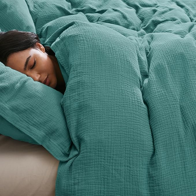 David's Home 100% Cotton Muslin Duvet Cover Set King Size,3 Pcs Ultra Soft Breathable & Lightweight Gauze Bedding Set with 2 Pillowcases,Textured Home Decor with Button, 104"×90" Teal,No Insert