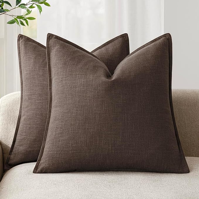 Foindtower Pack of 2, Decorative Linen Soild Throw Pillow Covers Soft Accent Cushion Case Boho Farmhouse Neutral Pillowcase for Couch Sofa Bedroom Living Room Home Decor 16 x 16 Inch Reddish Brown