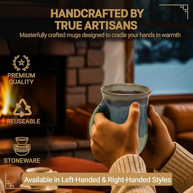 Clay in Motion Hand Warmer Coffee Mug – Handmade Coffee Mug With Comfortable Handle Contoured Pocket Hand Warming Ceramic Coffee Mug – Proudly Made in USA – Left Handed – 14 Oz - Mountain Meadows