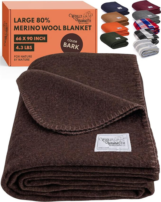 Woolly Mammoth Woolen Company Merino Wool Blanket, 66" x 90" Bark | Temperature Regulating - Fire-Resistant - Warm Camping Blanket for Car Emergency Kits, Picnics, Summer Festivals and Stadiums