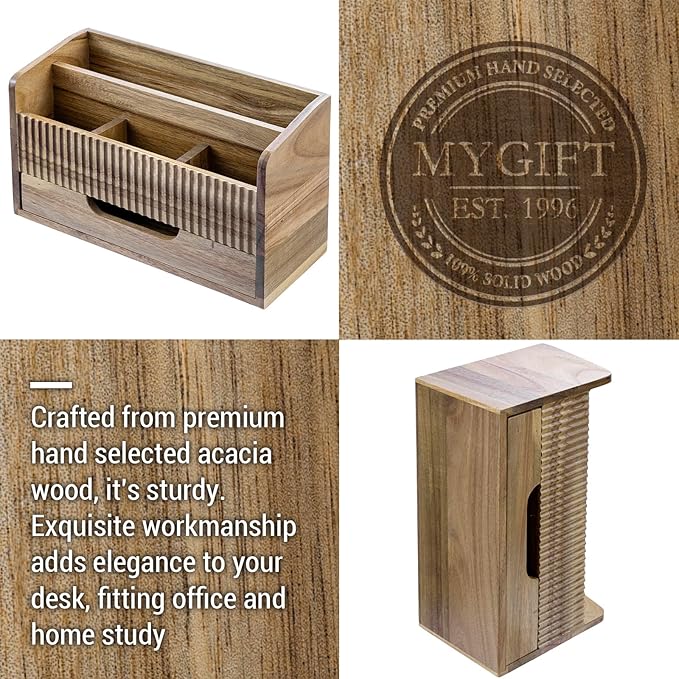 MyGift Premium Acacia Solid Wood Desk Organizer with Mail Sorter, 3 Pencil Cup Compartments & Bottom Storage Drawer, Office Supplies Organizer for Desk or Home Office