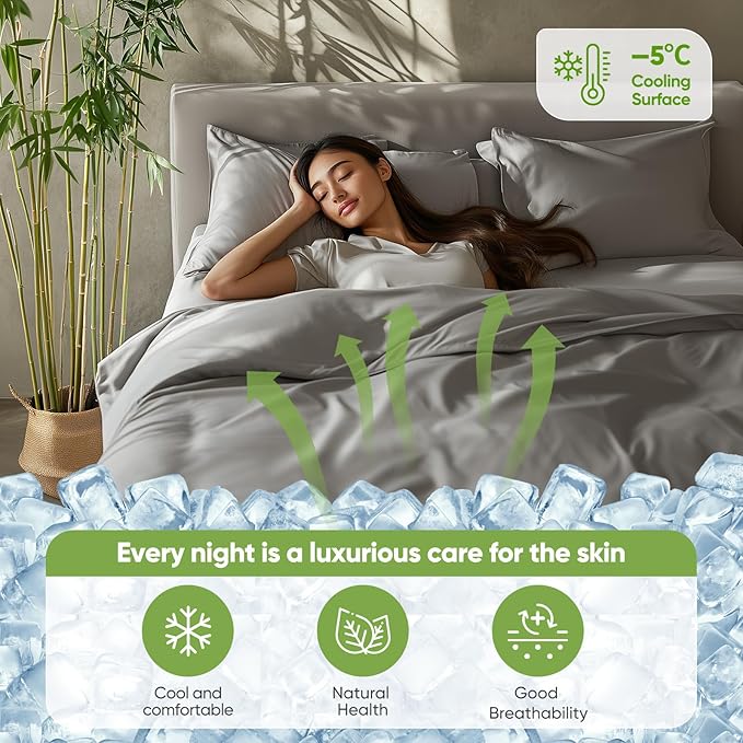Real 100% Viscose Derived from Bamboo Sheets Set Queen Size, Cooling & Silky Soft for Hot Sleeper, Luxury with Breathable & Moisture Wicking Fabric, 18" Deep Pocket with Corner Straps (Gray, Queen)