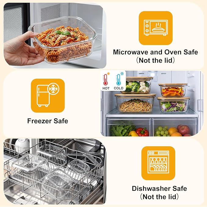 Blushtier 4 Pack 41/27/ 18/11 oz Borosilicate Glass Food Containers with Bamboo Lids, Stackable Glass Bowls for Meal Prep & Lunch, Microwave, Freezer and Dishwasher Safe