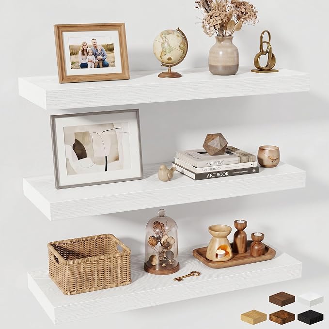 Fun Memories Floating Shelves for Wall, 30 Inch Long Floating Shelves Set of 3, 30 x 10 Wooden Shelves for Wall, Large Storage Shelves, Hanging Shelves for Bathroom Kitchen Bedroom, White