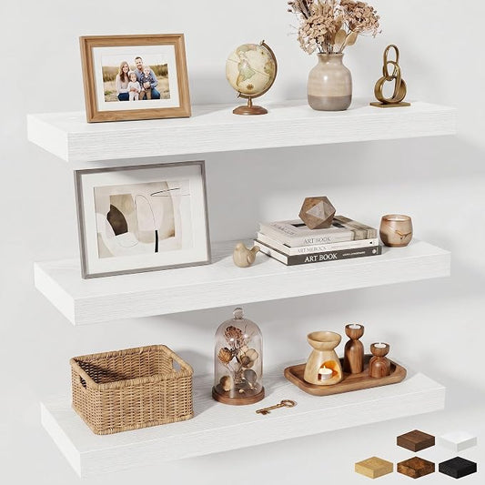Fun Memories Floating Shelves for Wall, 30 Inch Long Floating Shelves Set of 3, 30 x 10 Wooden Shelves for Wall, Large Storage Shelves, Hanging Shelves for Bathroom Kitchen Bedroom, White