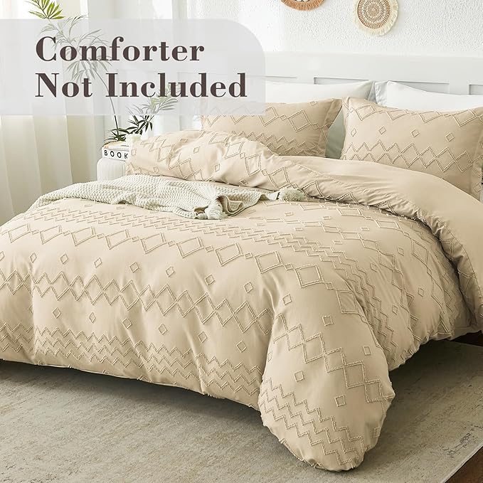 EMME Queen Duvet Cover Boho, Tufted Microfiber Comforter Cover Set for All Seasons, 3 Pieces Embroidery Chic Boho Bedding Set, 1 Duvet Cover + 2 Pillowcases (Beige, Queen)