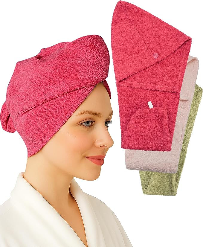 Textila 100% Cotton Hair Wrap Towels for Women (Pack of 3, Rasberry, Pink & Green) – Soft & Absorbent Turban Towels for Long, Curly, Frizz-Prone Hair