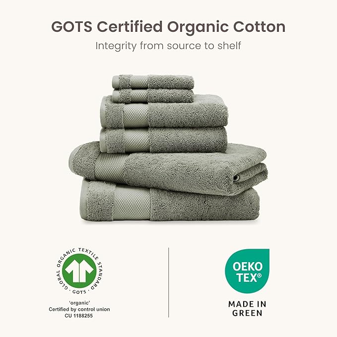 BIOWEAVES 100% Organic Cotton Bath Towel Set | 700 GSM Plush 6-Piece Premium Towel Set GOTS Certified, 2 Bath Towels, 2 Hand Towels & 2 Washcloths - Sage