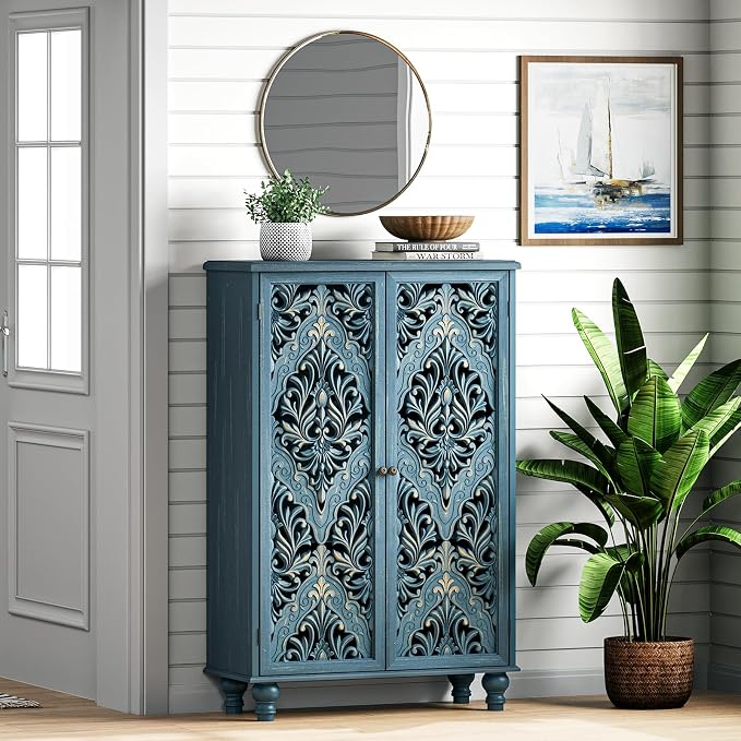JOINICE 47" Tall Accent Cabinet with Carved Doors & Storage for Living Room,Blue Cabinet with Solid Wood Legs & 100lbs Capacity, Farmhouse/Rustic Style for Dining Room, Bedroom, Hallway, Home Office