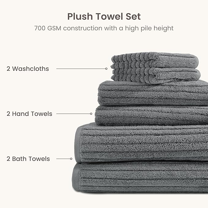 BIOWEAVES 100% Organic Cotton 6-Piece Luxury Bathroom Ribbed Towel Set GOTS Certified 700 GSM, 2 Bath Towel, 2 Hand Towel & 2 Wash Cloths - Pewter