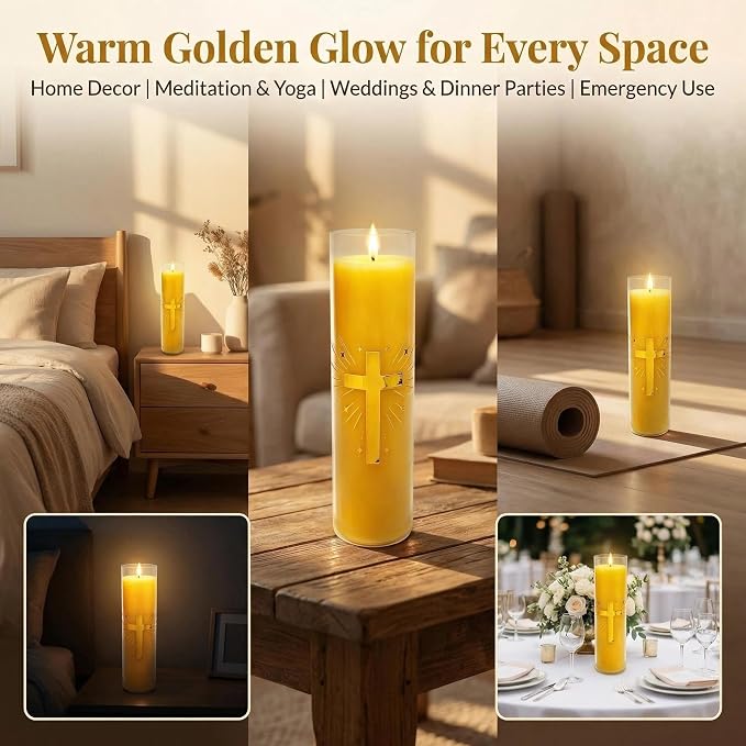128 Hours Long Burning Beeswax Candles,Pure Beeswax Pillar Candles in Glass Jar,Unscented Natural Beeswax Prayer Candles for Religious Ceremony,Memorial,Vigil,Emergency (Yellow)