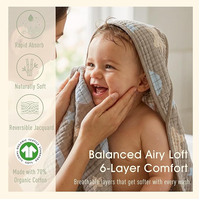 Ultra-Soft Muslin Baby Hooded Towel - 32 x 32 Inches, Ideal for Bath & Beach, Suitable for Both Boys & Girls from Newborns to Toddlers（Ocean Coffee