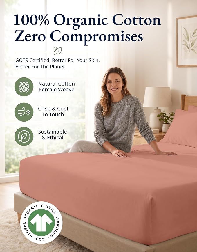 LANE LINEN 100% Organic Cotton Fitted Sheet Full Size Set (No Flat Sheet) - Soft & Breathable Percale Weave Fitted Sheet Set - 15'' Deep Pocket for Snug Fit - GOTS Certified - Rose Dawn