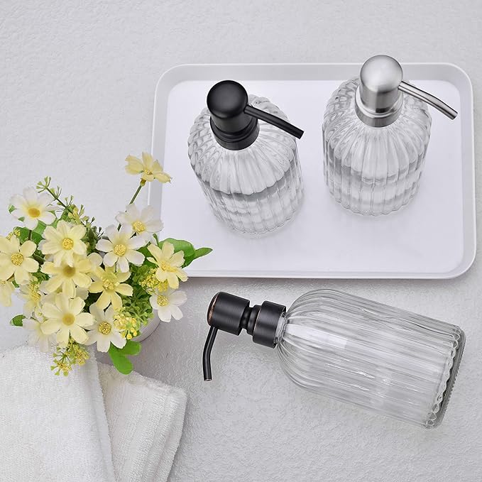 Matte Black Dish Kitchen Soap Dispenser, Bathroom Liquid Soap Dispenser with Rustproof Stainless Steel Pump, 16 Oz Glass Bottle,2 Packs