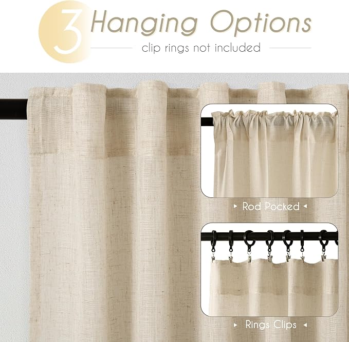 Greyish Beige Linen Curtain 108 inch Length 2 Panels Set Back Tab Light Filtering Living Room Curtain Drapes Home Office Modern Minimalist Decor Farmhouse Boho Neutral Semi Sheer Curtain 108 inch Long