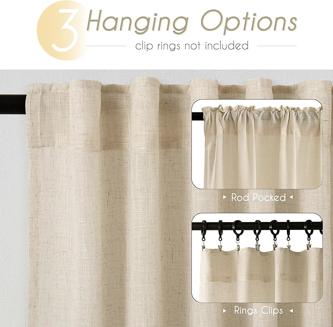 Greyish Beige Linen Curtain 63 inch Length 2 Panels Set Back Tab Light Filtering Living Room Curtain Drapes Home Office Modern Minimalist Decor Farmhouse Boho Neutral Semi Sheer Curtain 63 inch Long