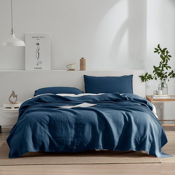 EVERLY Linen Sheets Set Twin Size,100% French Stonewash Pure Linen Sheets Set,3Pieces (1Flat Sheet,1Fitted Sheet,1Pillowcase) Suitable for Hot Sleepers,Deep Pocket Bedding Set-Navy Blue
