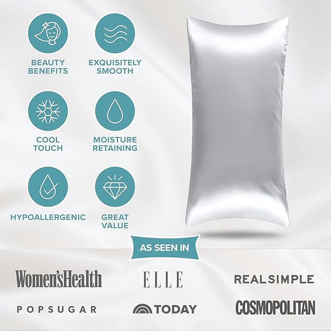 Bare Home 100% Mulberry Silk Pillowcase for Hair and Skin - Ultra Premium 6A Grade 19 Momme Silk Pillow Case - Hidden Zipper - Breathable Cooling Pillow Cover (Body, Silver)