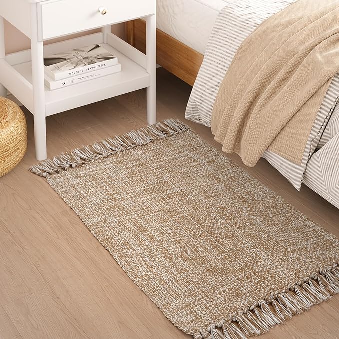 Collive Small Bathroom Rug, 2' x 3' Hand-Woven Low Profile Front Entryway Rug, Tan Cotton Reversible Washable Kitchen Mat Modern Farmhouse Carpet for Foyer Bedroom Back Door Decor