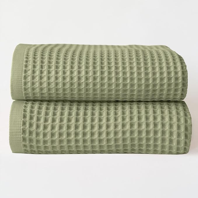 Premium Waffle Bath Towel Pack of 2, Sage Green, Extra Large 35x71 inch - 100% Turkish Cotton, Waffle Weave, Quick-Dry, Lint-Free, Lightweight Bath Sheet Towel (Sage, Set of 2 Bath Towels)