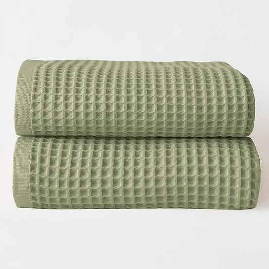 Premium Waffle Bath Towel Pack of 2, Sage Green, Extra Large 35x71 inch - 100% Turkish Cotton, Waffle Weave, Quick-Dry, Lint-Free, Lightweight Bath Sheet Towel (Sage, Set of 2 Bath Towels)