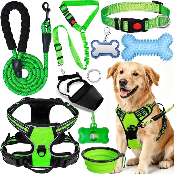 No Pull Dog Harness Adjustable Collar & Leash Set - Dog Halter Harnesses Collapsible Bowls & Poop Bag Dispenser Muzzle ID Tags Toys Fits Small Medium Large Dogs (Green-L)