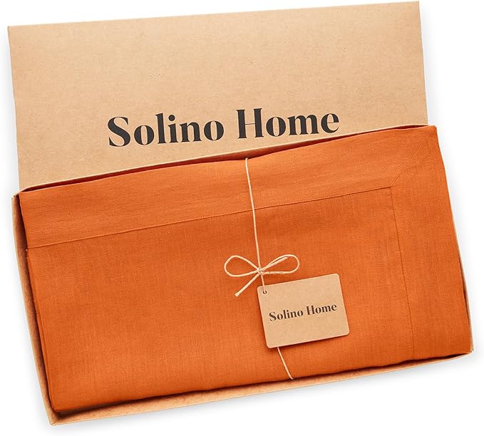 Solino Home Linen Tablecloth 60 x 120 Inch - 100% Pure Linen Persimmon Orange Table Cloth for Rectangle Tables - Fete, Machine Washable Tablecloth for Summer