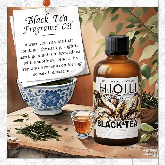 HIQILI Black Tea Fragrance Oil for Diffuser & Car Air Freshener - 1 Fl Oz | Long-Lasting Hotel Scent, Candle & Soap Making Supplies, Pet Safe, Graduated Dropper Included