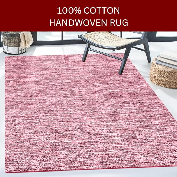 Hand Woven Area Rug 4x6 Feet - Rustic Farmhouse Bohemian Accent Rug for Living Room Bedroom Kitchen Entryway Floor Mats - Ideal for High Traffic Areas 100% Cotton Rag Rug Red