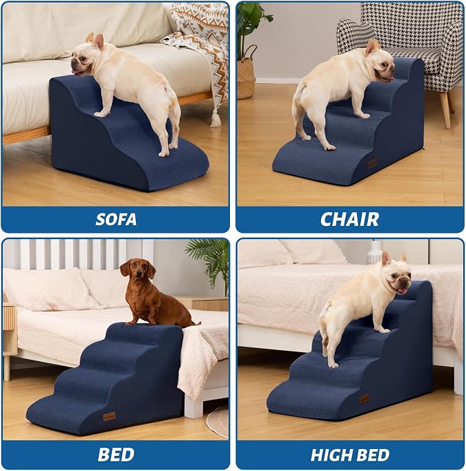 Aodisman 4-Step Dog Stairs and Ramp for Beds or Couches,Non-Slip Sturdy Pet Steps for Small Dogs and Cats,17.4" H,Blue