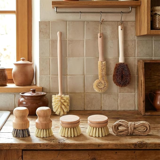8 Pcs Bamboo Dish Brush Dish Washing Scrub Bottle Brushes Wooden Palm Pot Brush Cleaning Scrubbers with Natural Sisal Bristles Long Handle for Pots Pans, Vegetables, Household Cleaning